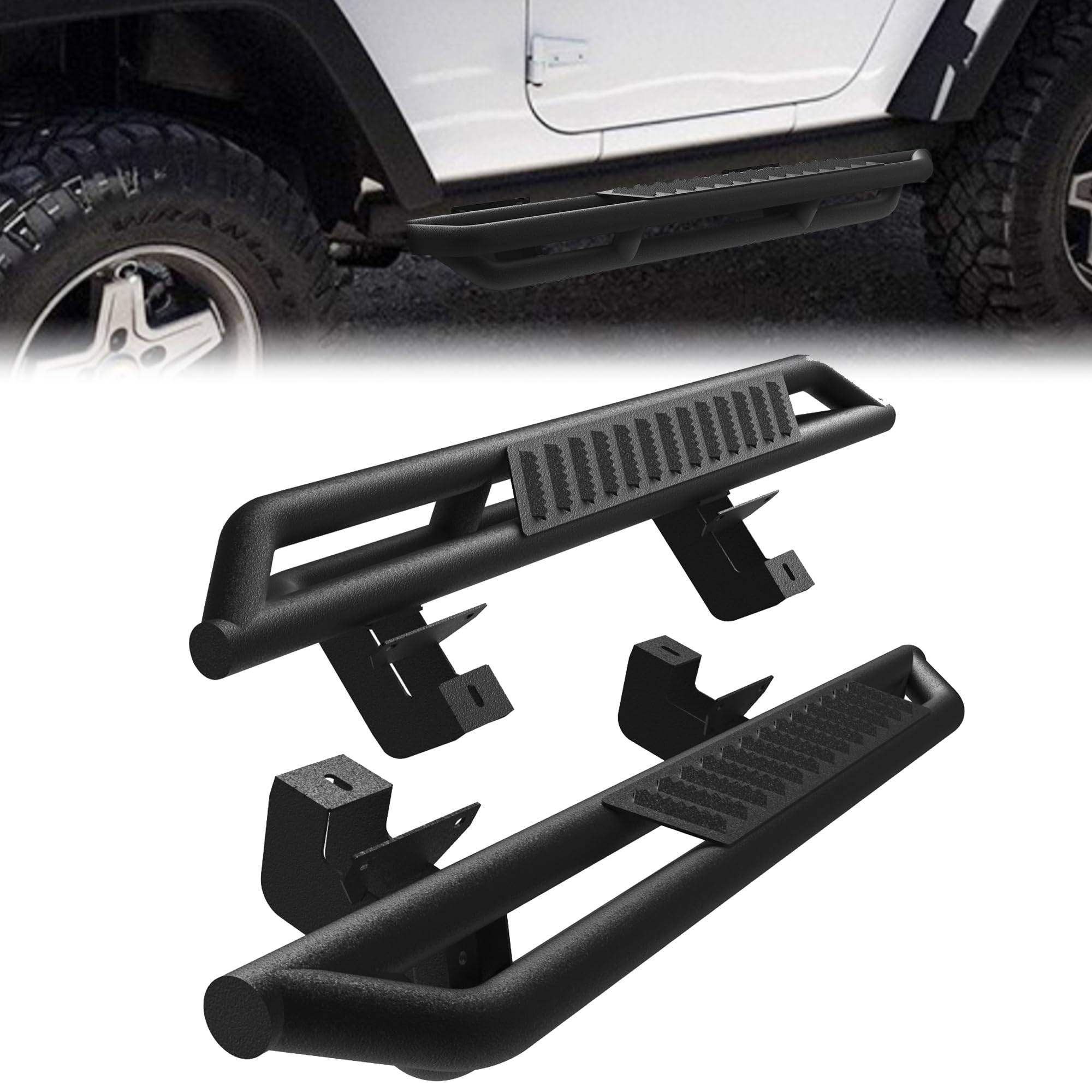Peforway Running Boards Compatible with Jeep Wrangler JK 2007-2018 2 Door, Off-Road Steel Side Steps, Rock Sliders Textured Black, Non-Slip Design Rocker Armor Steps