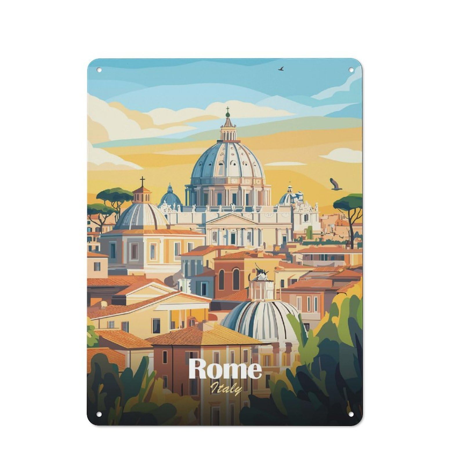 Rome Cityscape Illustration Decorative Metal Plaque 40x30cm, Shop Front Style Bistro Wall Plaque for Tea Room, Shop Wall Or Breakfast Area