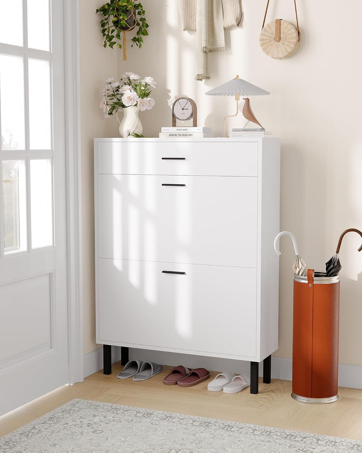 Shoe Storage Cabinet with Dual Flip Drawers, Space-Saving Shoe Organizer for Entryway, Hallway, or Mudroom, Hidden Shoe Rack Cupboard, Freestanding Style (White)