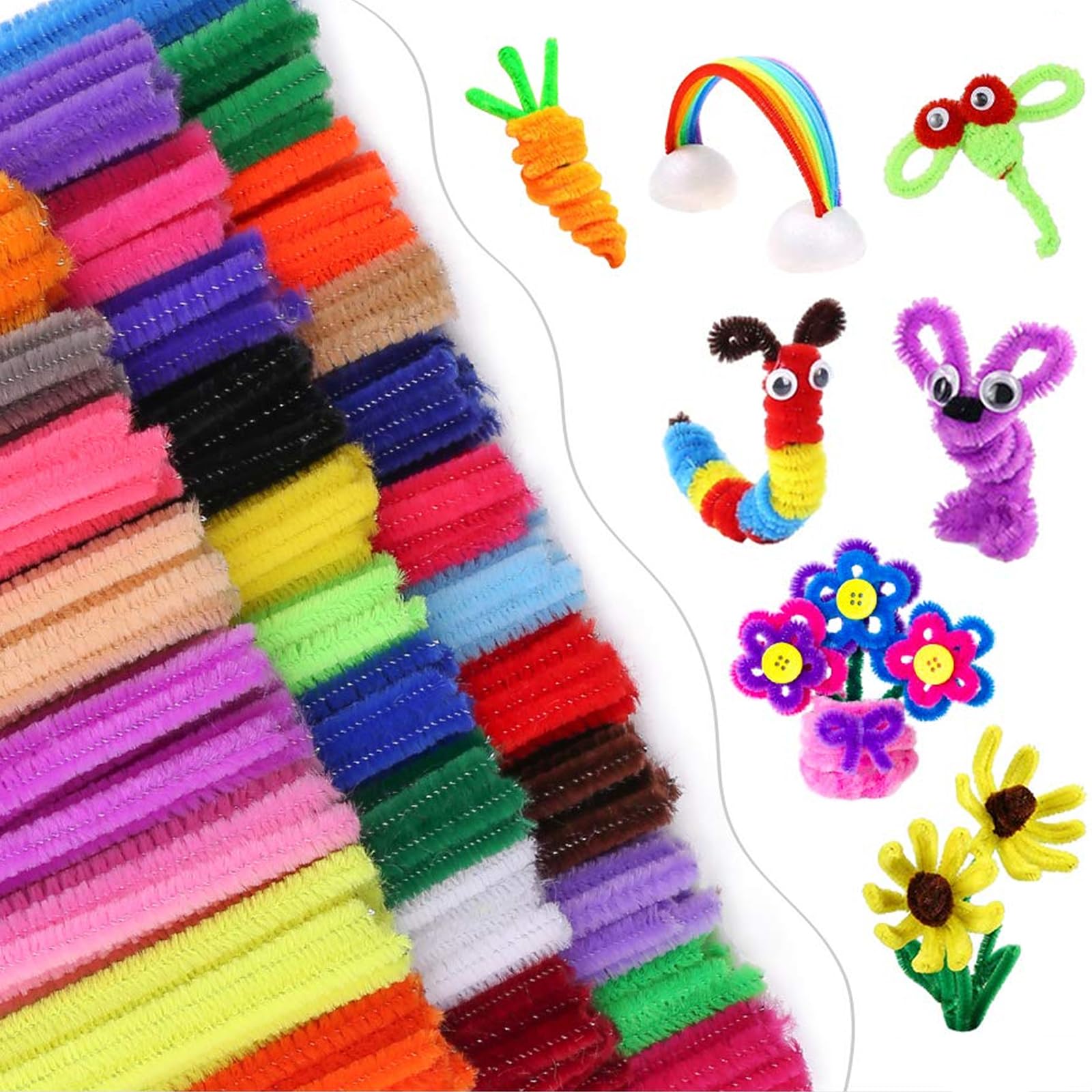 300 Scovolini Colorati Per Lavoretti Fai Da Te - Set Con 210 Occhi Mobili, 200 Pompon Peluche, Forbici E Colla, 10 Colori, 30 Cm - 2