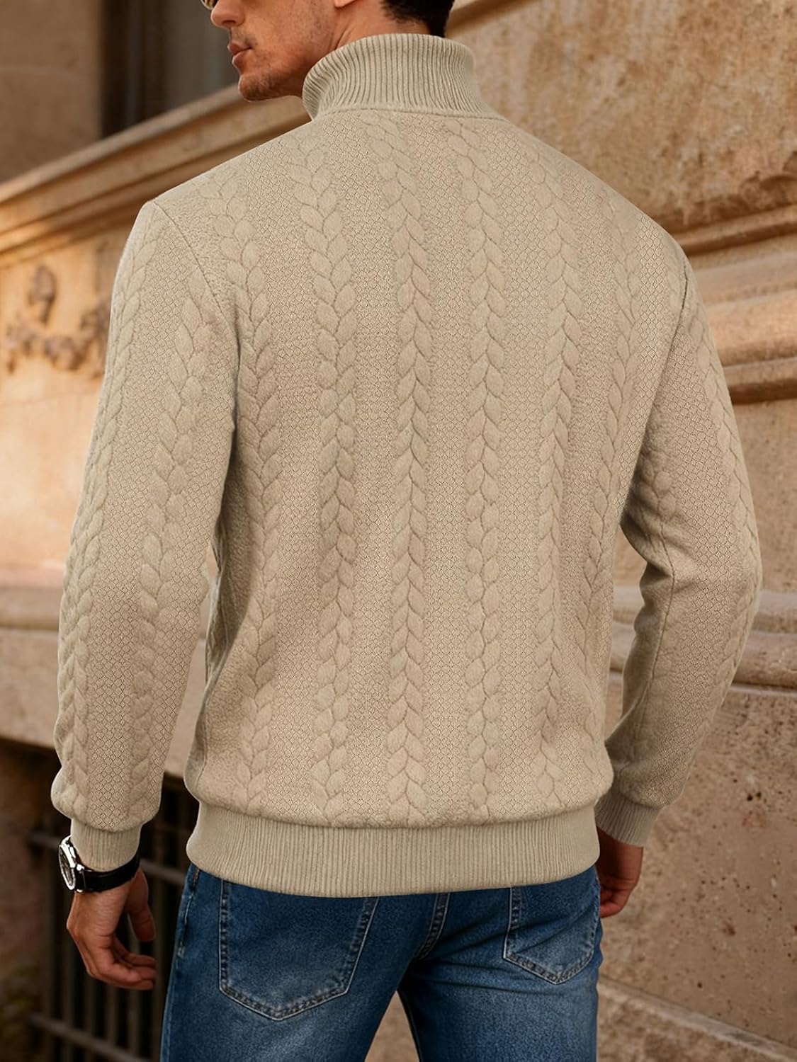 Mens Quarter Zip Sweater Men Quilted Sweatshirt Pullover Knit Long Sleeve Mock Neck Sweatshirt - Image 5