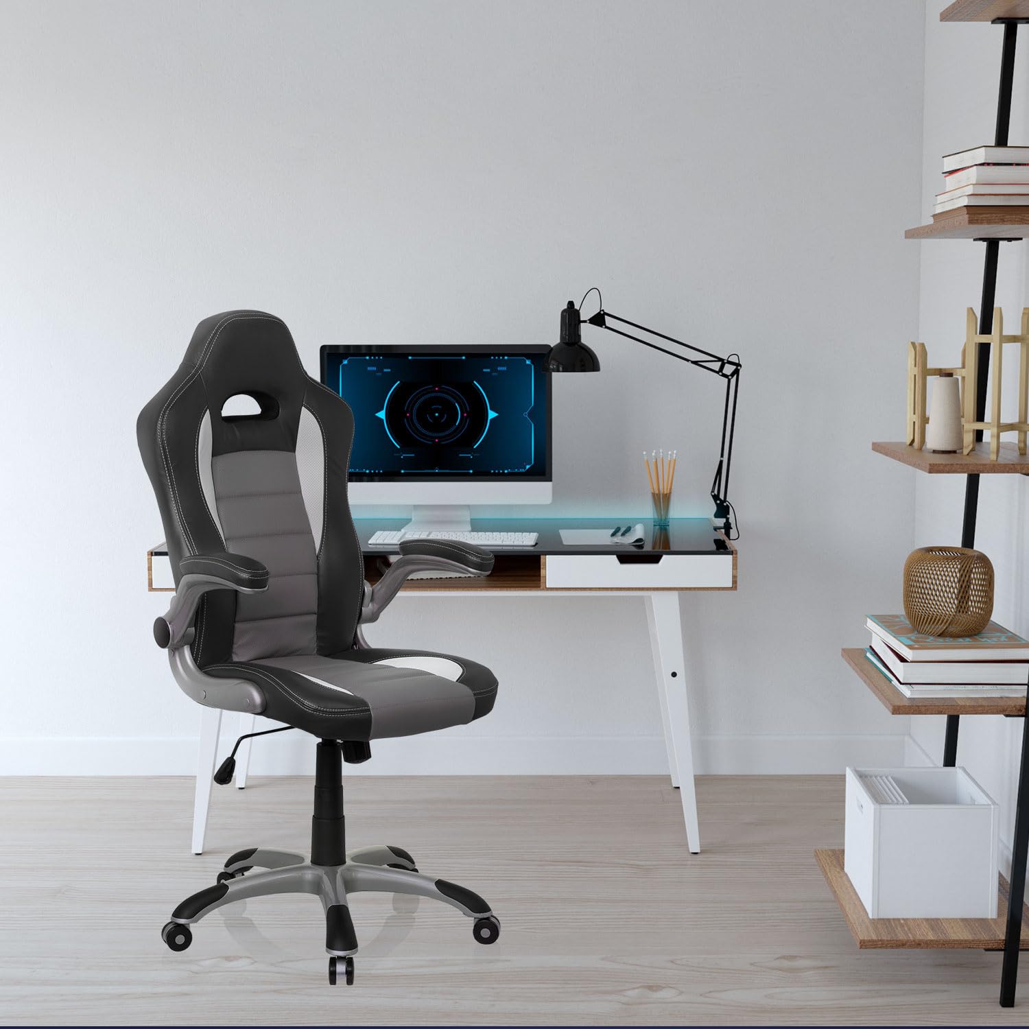 HJH Office 621710 Sedia da Ufficio Girevole GAME SPORT Pelle Sintetica, Poltrona da Gaming, Braccioli ripiegabile, Nero/Bianco/Grigio