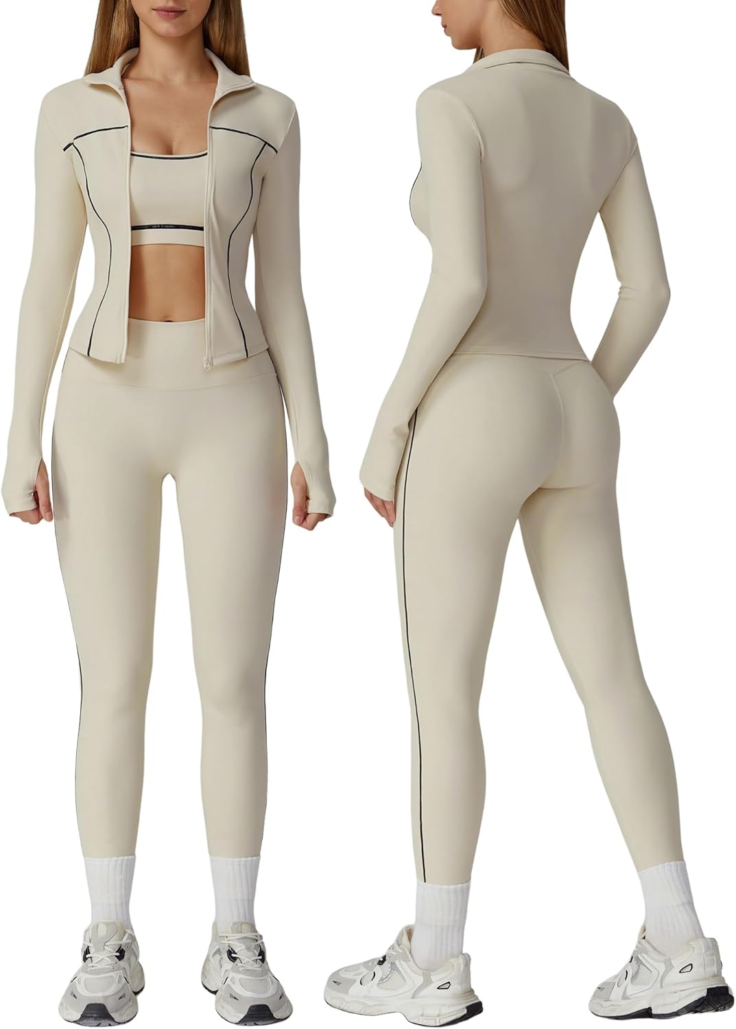 Womens workout sets Contrast Long Sleeve Jacket with Sports Bra and Butt-lifting Pants Yoga Outfits 3 Pieces Set