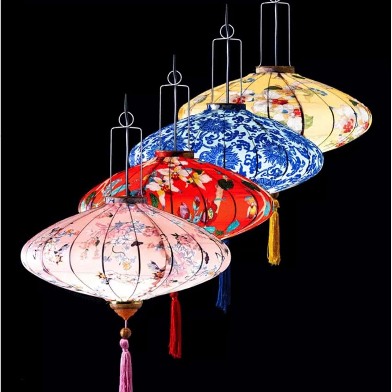 Lampion Wietnamska jedwabna latarnia z tradycyjnym chińskim japońskim wzorem kwiatowym, wisząca latarnia do ogrodu, patio, dekoracji ślubnej lantern(Geel,14inch)