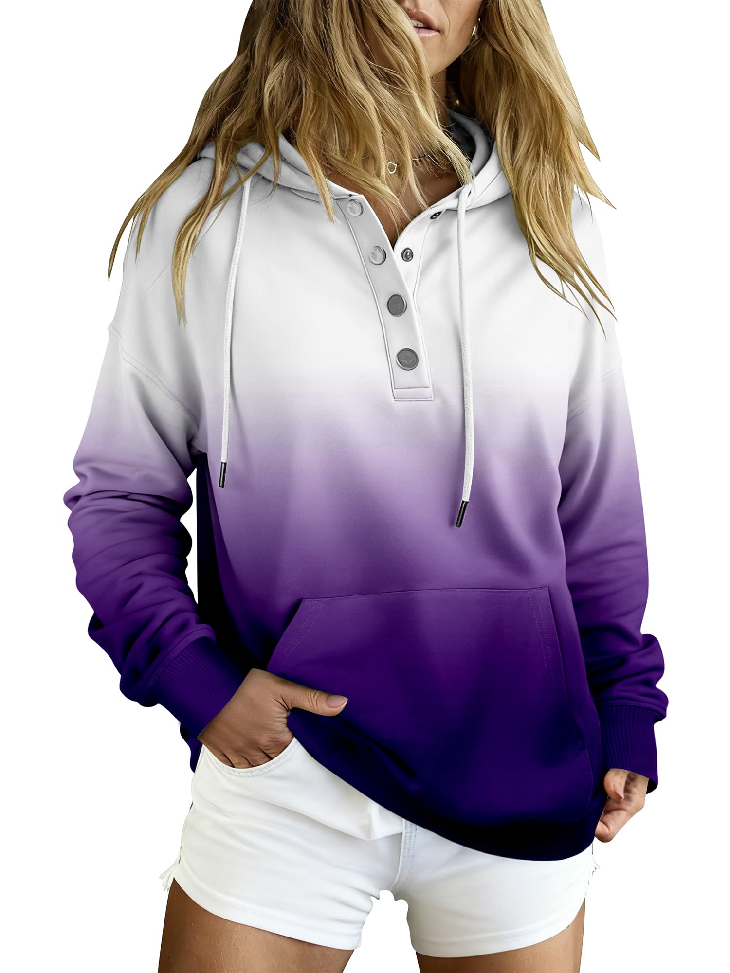 VIEACTIVEWEAR Felpa con cappuccio da donna tie dye felpa teenager con bottoni a pressione top casual a maniche lunghe oversize pullover, 01-grad.-wh-p., Large