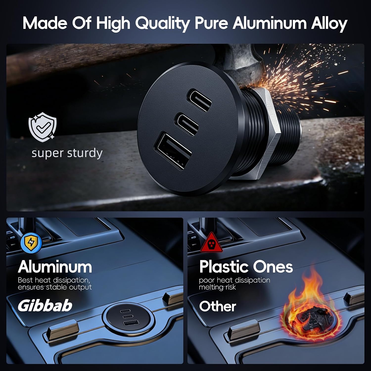 90W All-Aluminum RV USB Outlet 12V/24V 3 Charging Ports, GIBBAB 2 36W PD3.0 Type-C+18W QC3.0 Fast Charging Socket, Recessed Mount Car Charger Cigarette Lighter Replacement for Camper Trailer Boat Van