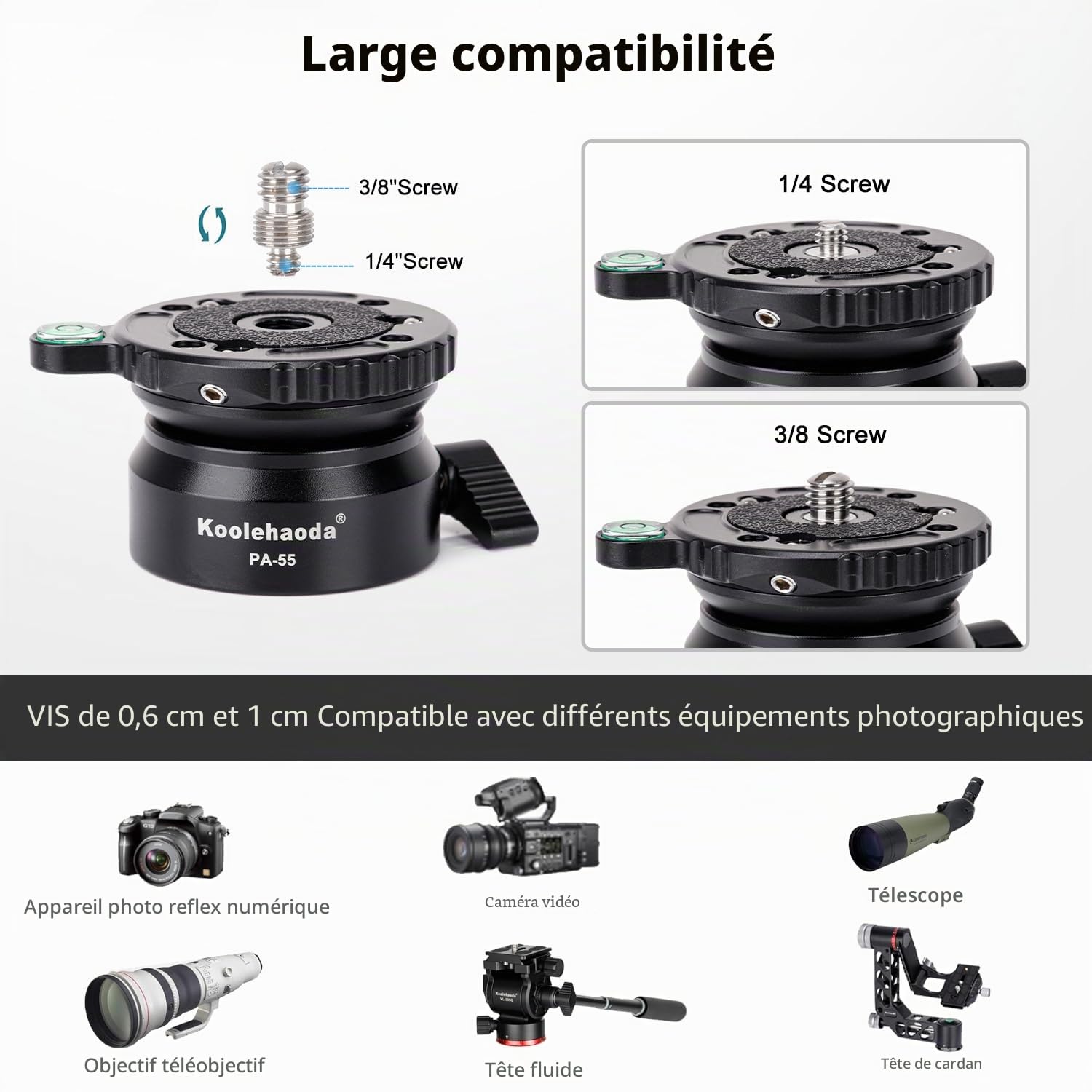 Koolehaoda PA-55 Tête de Nivellement pour Appareil Photo, Aluminium Fraisé CNC Base de Nivellement avec Filetage de 1/4 et Niveau à Bulle décalé,Charge Max 10kg
