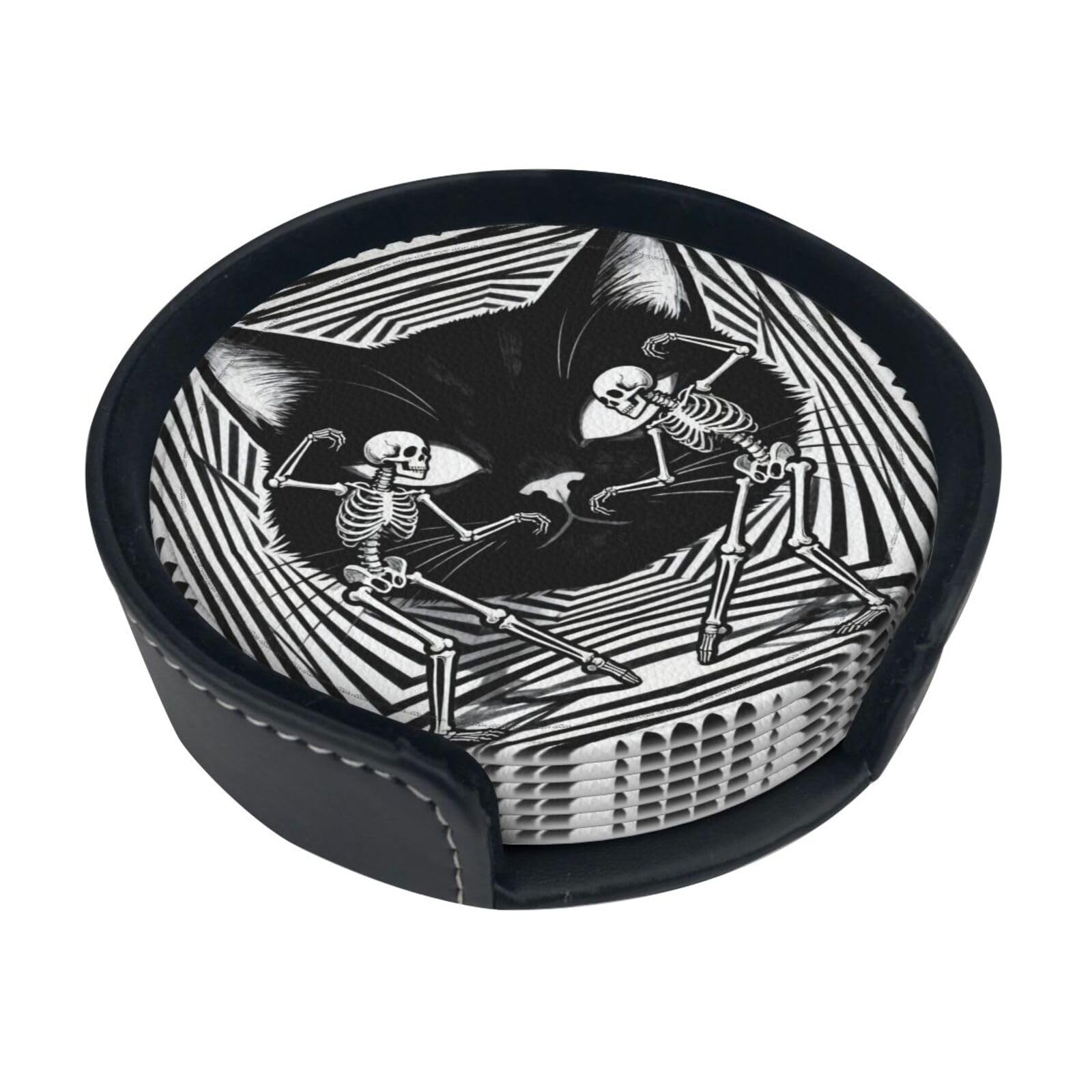 Cntdbu White Illusion Painting Leather Coasters Set Of 6-Pu Leather Drink Mats For Table, Heat Resistant Round Coasters With Holder
