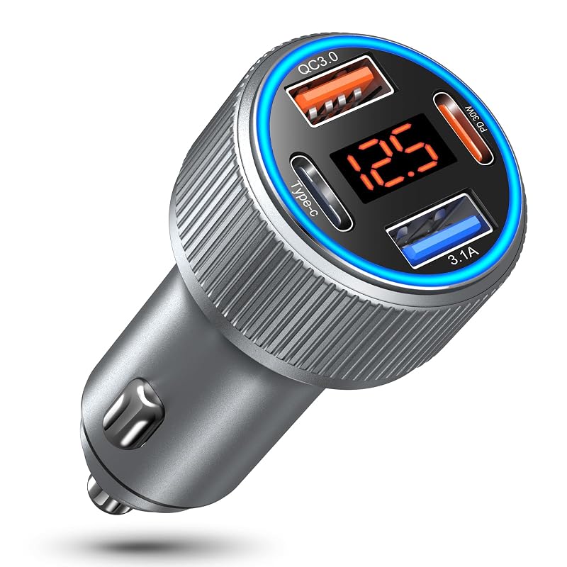 Carregador veicular Costyle USB-C de 65 W com 4 portas e voltímetro, cinza, pacote com 1