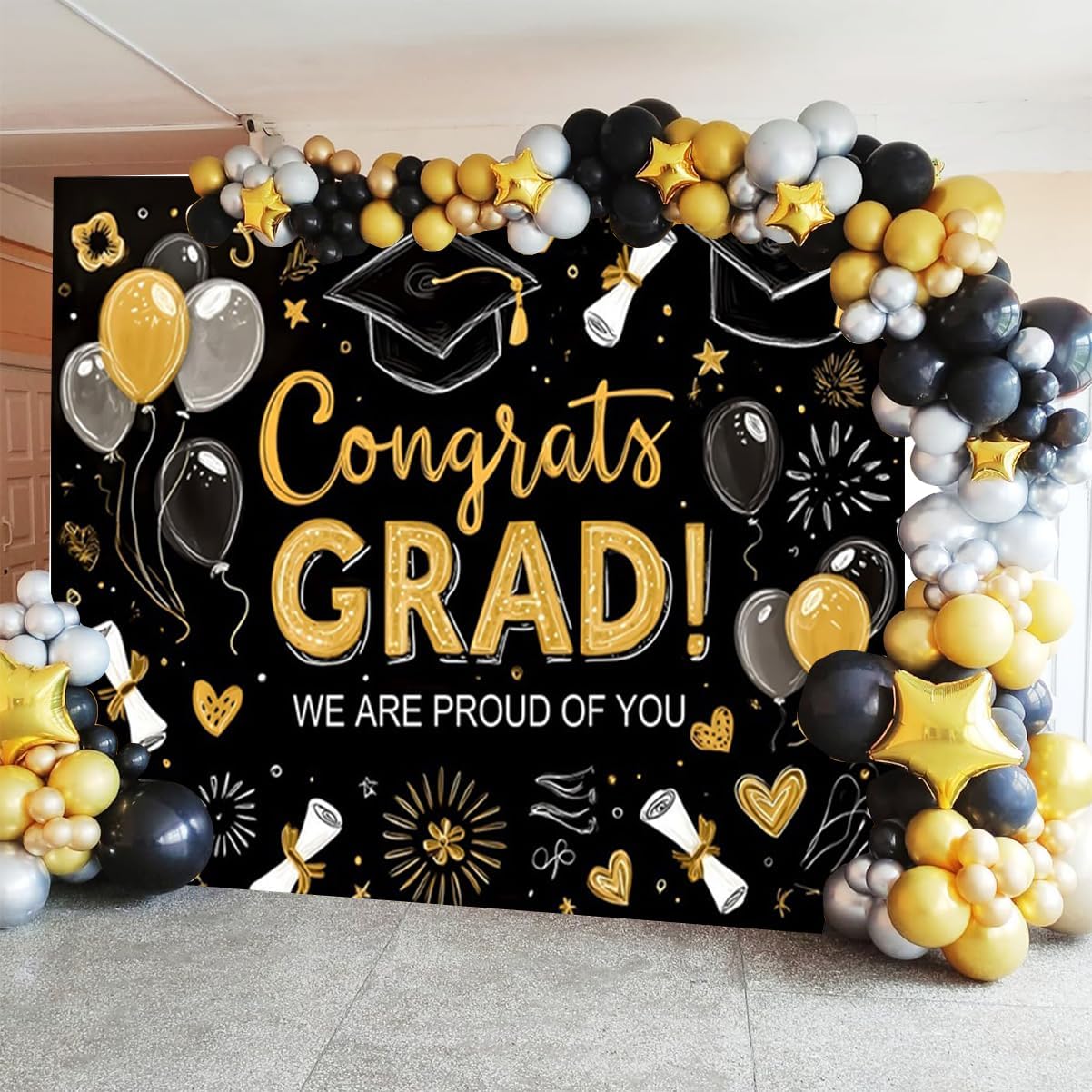 10x10ft Graduation Backdrop 2026 Black and Gold Congrats Grad Photo Backdrop Grad Cap Balloons Graduation Photography Background for High School College Congrats Party Decorations Photo Booth Props