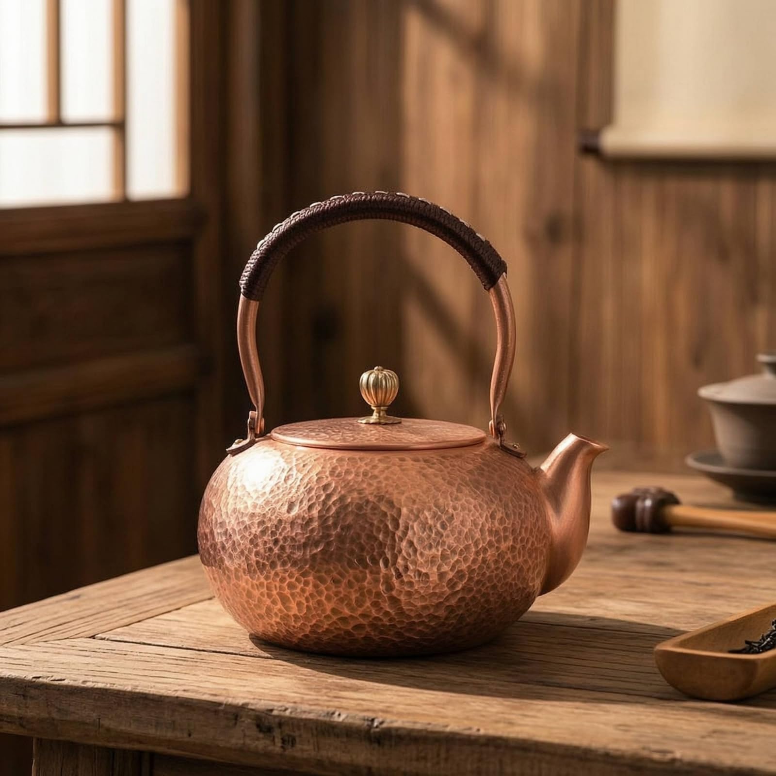 Tetera con Asa Resistente Tetera Cobre Sencillo Hervidor para Aficionados l Té Té, 1200ml, Tetera De Tambor [Estilo Envejecido]