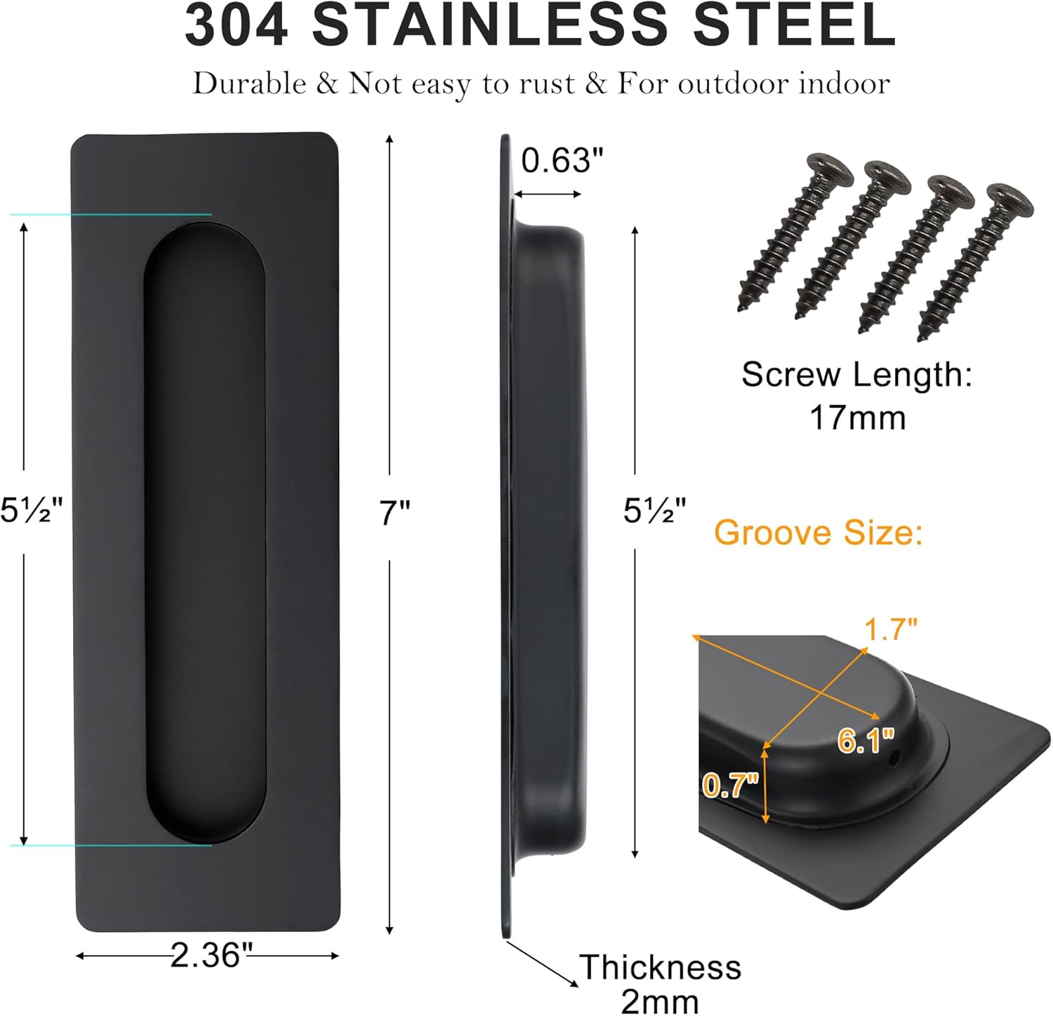 Cozy Tower 7 Inch Recessed Finger Pulls for Pocket Door Sliding Door, Closet Door Pulls Handles Matte Black Stainless Steel Hardware Barn Door Pulls (2 Pack)
