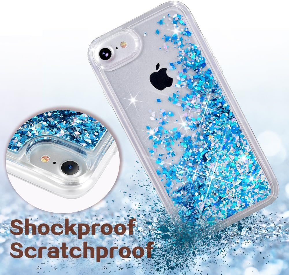 Maxdara iPhone 8 Case, iPhone 7 Glitter Liquid Women Case Tempered Glass Sreen Protector Floating Bling Sparkle Luxury Pretty Protective Girls Case iPhone 6 6s 7 8 4.7 inches (Blue)