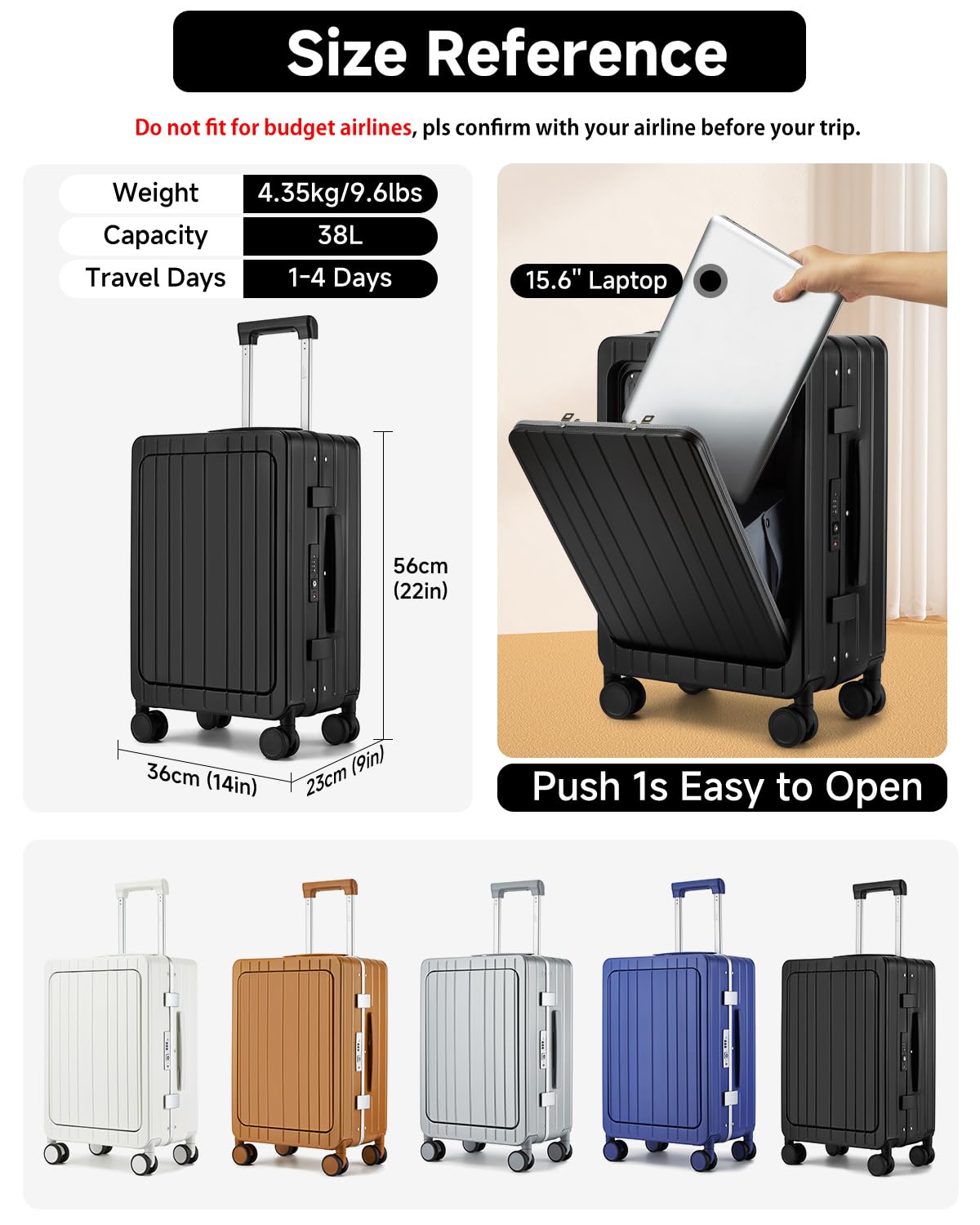 Sea choice Valise Rigide PC Légère avec Compartiment pour Ordinateur Portable Bagage à Main Trolley avec 4 roulettes Doubles Pivotantes et Serrure TSA Chargement USB, Porte-gobelet