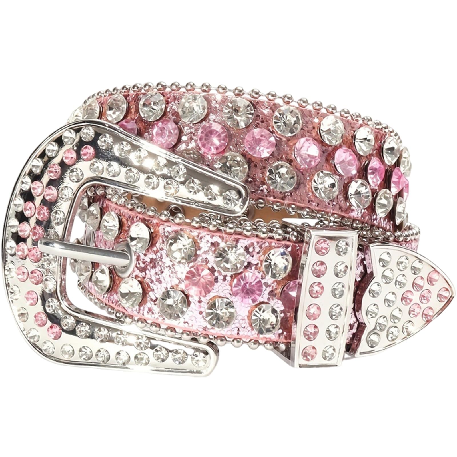 AGUTALITHIC Women's Western Rhinestone Studded Leather Belts Bling Crystal Cowgirl Embossed Waist Strap for Jeans Pants Dress(95cm/37, Pink - Sequin)