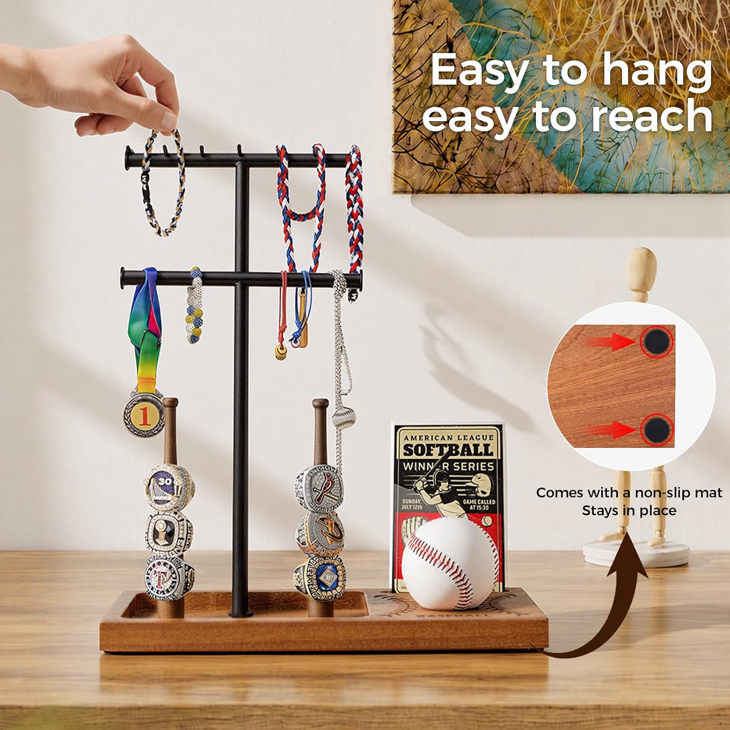 3-in-1 Wooden-Metal Baseball Ring Holder, Softball Medal,Necklace Display image 2
