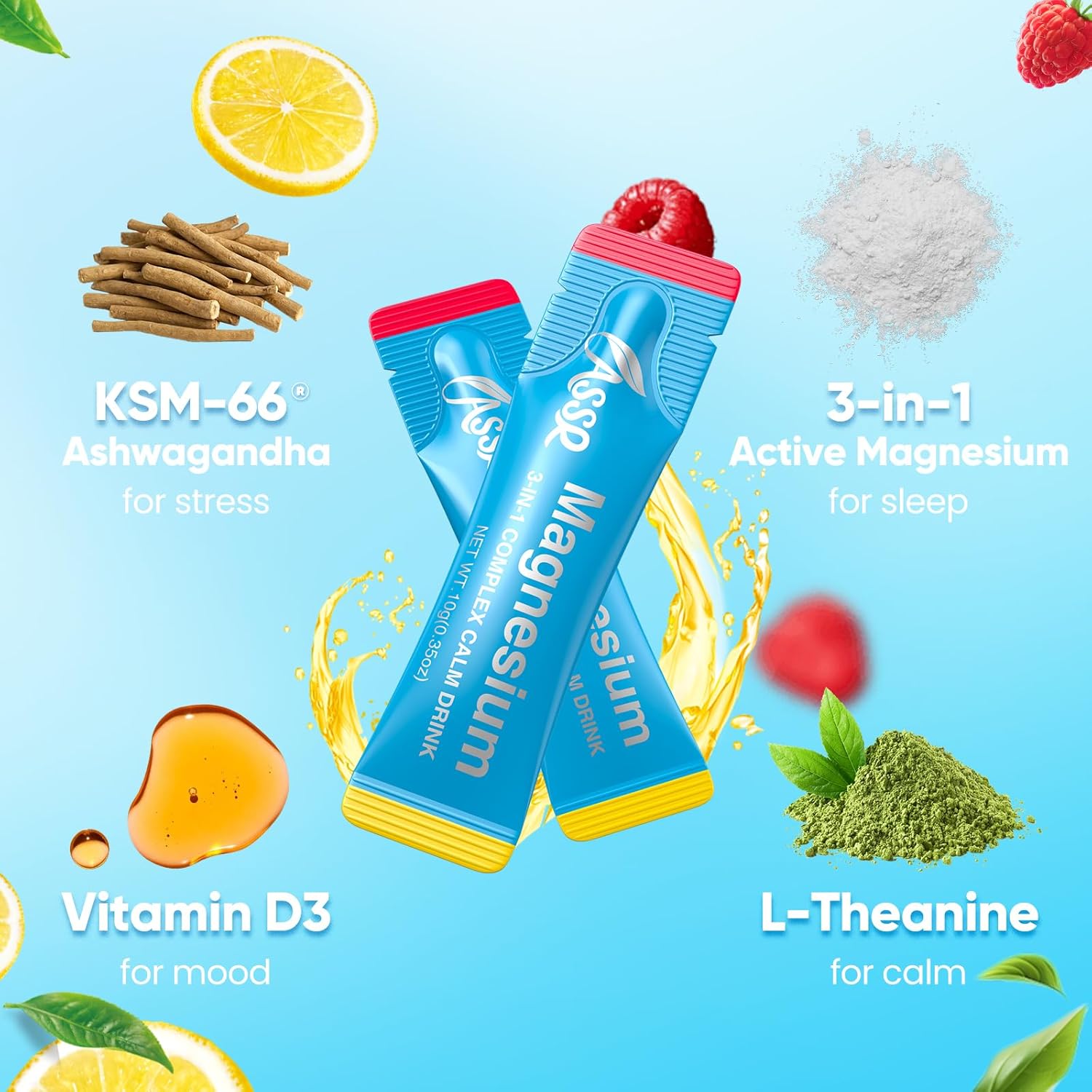 ASSR Pure Calm Cortisol Reducer Drink Sleep Aid Supplement, Ready to Drink No Mix, Triple Magnesium Glycinate, Malate, Citrate, Ashwagandha, L Theanine, Vitamin D, Sleep Relax Focus Mood Support, 30ct