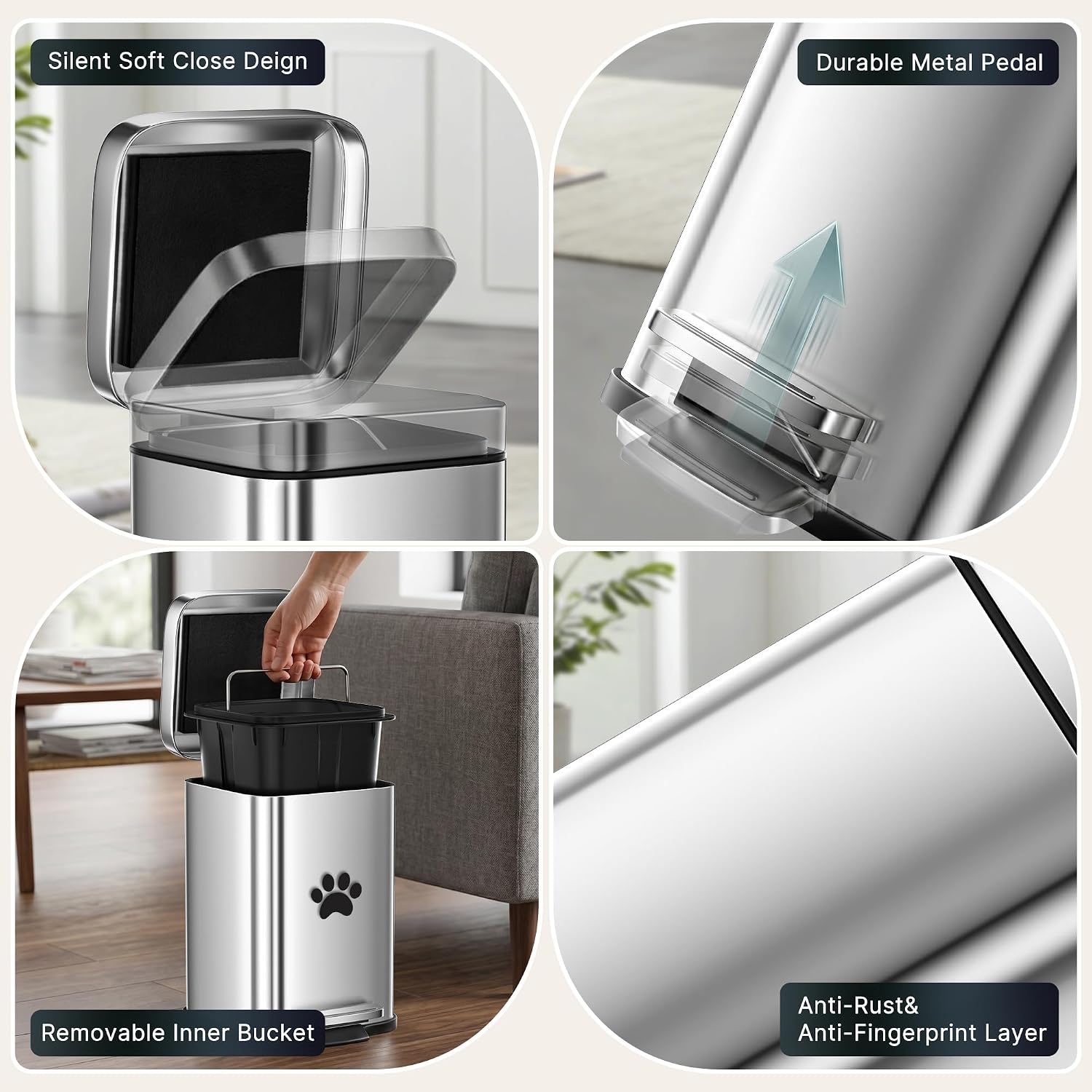 Small Dog Poop Trash Can Outside with Odor Control Lid, 5L/1.3Gal Metal Step Pedal Waste Bin & Removable Inner Bucket, Includes 30 Trash Can Bags, Indoor/Outdoor/Yard Dog Waste Trash Can (Silver)