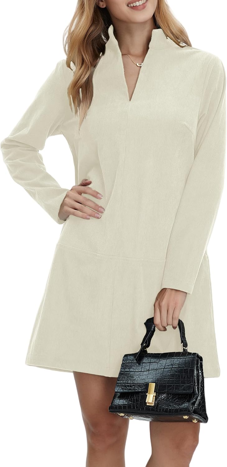 EZAPINE Women Corduroy Dress V Neck Long Sleeve Casual Vintage Retro A Line Mini Dresses