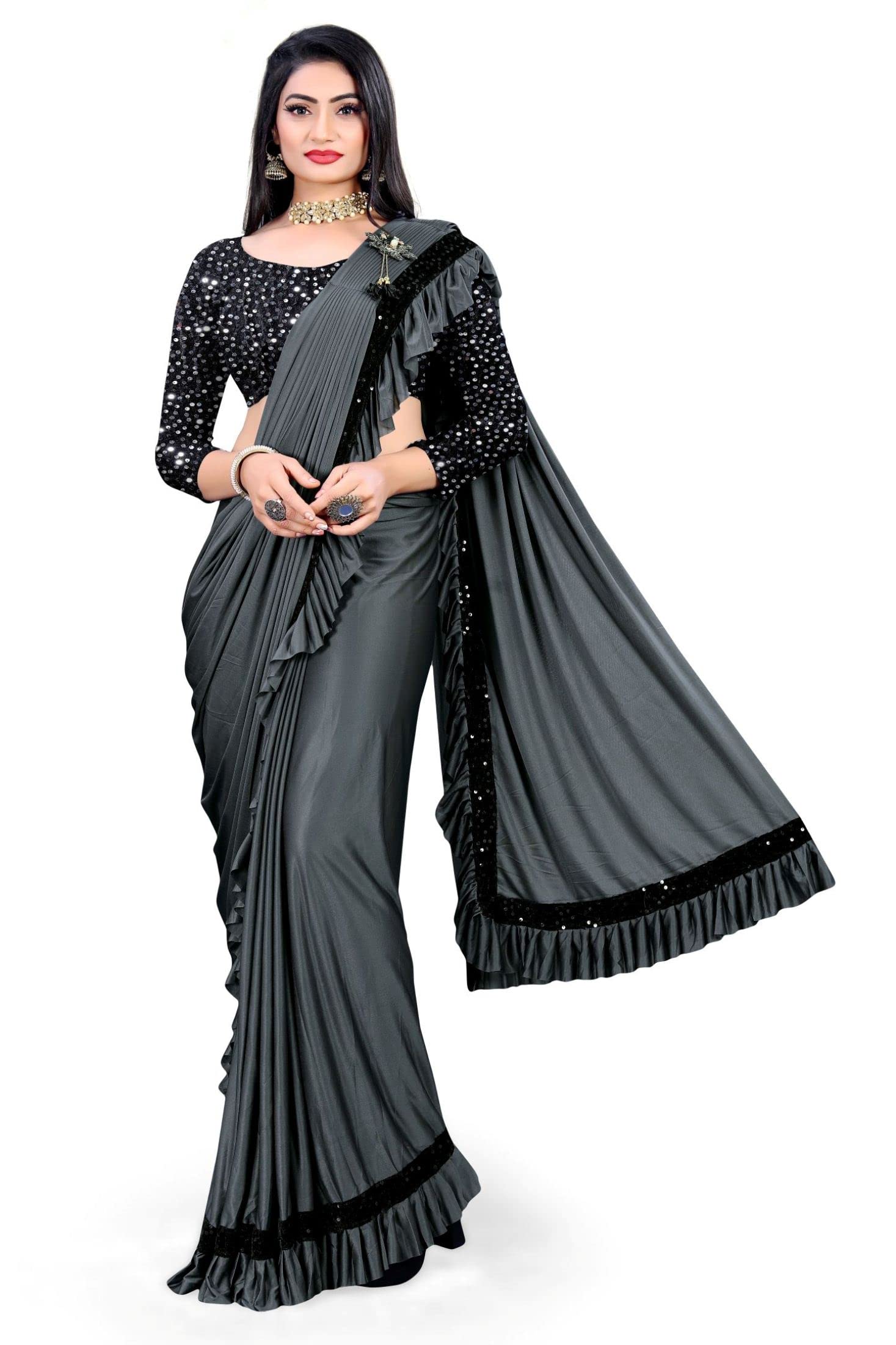 JULEE Women's Ready to Wear Lycra Squence Embroidered Saree RTW