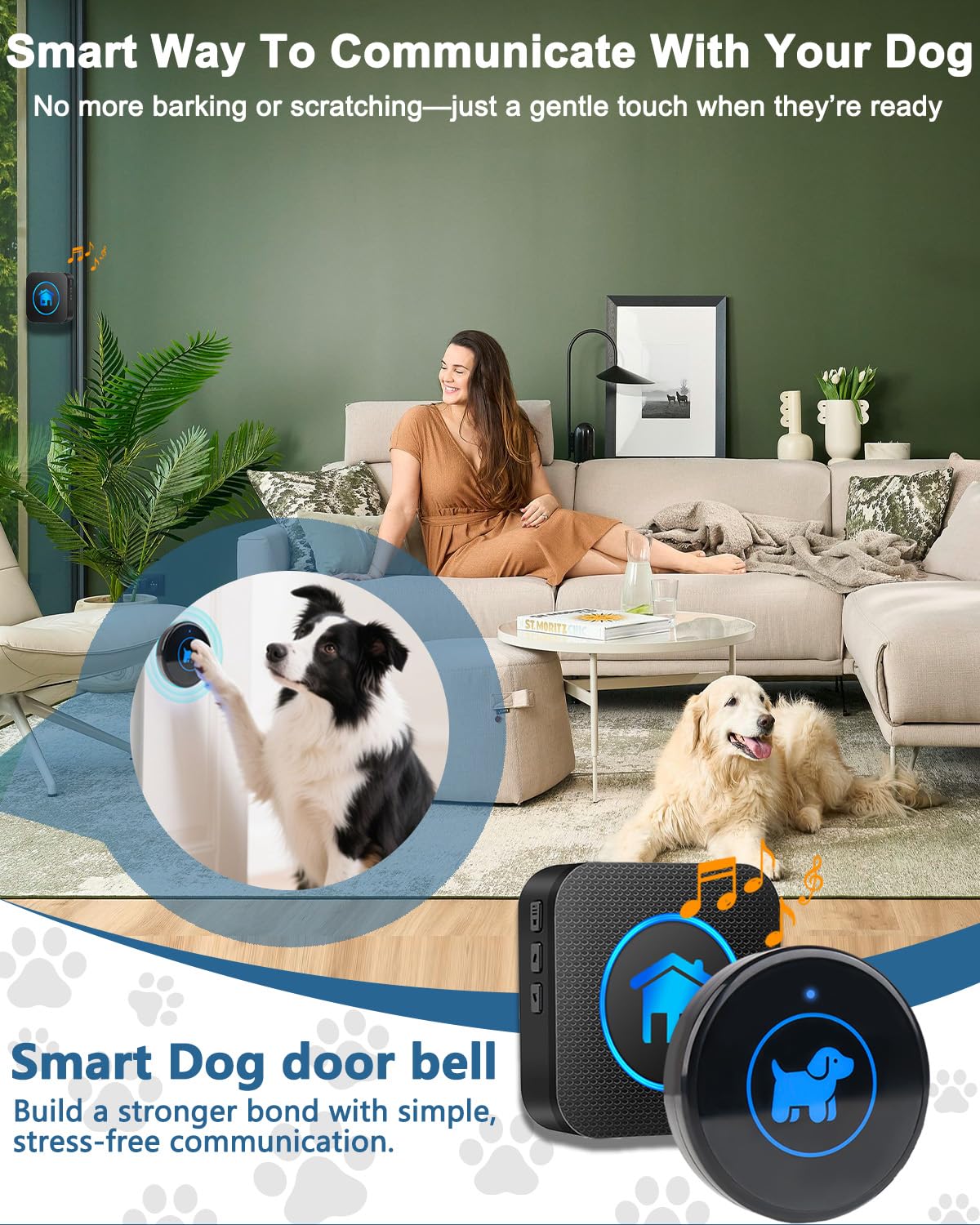 Timbres inalámbricos para perros para entrenamiento de orinal, campanas de perro para salir, rango de 1000 pies, botón impermeable, 55 melodías y 5 modos de notificación (3 botones)