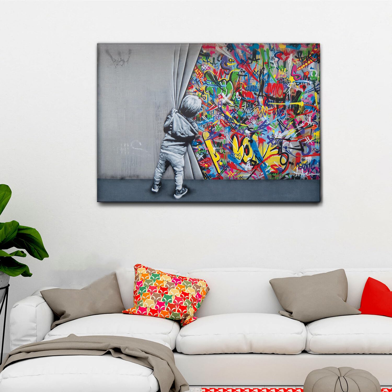 Giallobus - Quadro - Banksy - Bambino apre il sipario - Tela Canvas Telaio Standard - 140x100 - Pronto da appendere - Quadri moderni per la casa