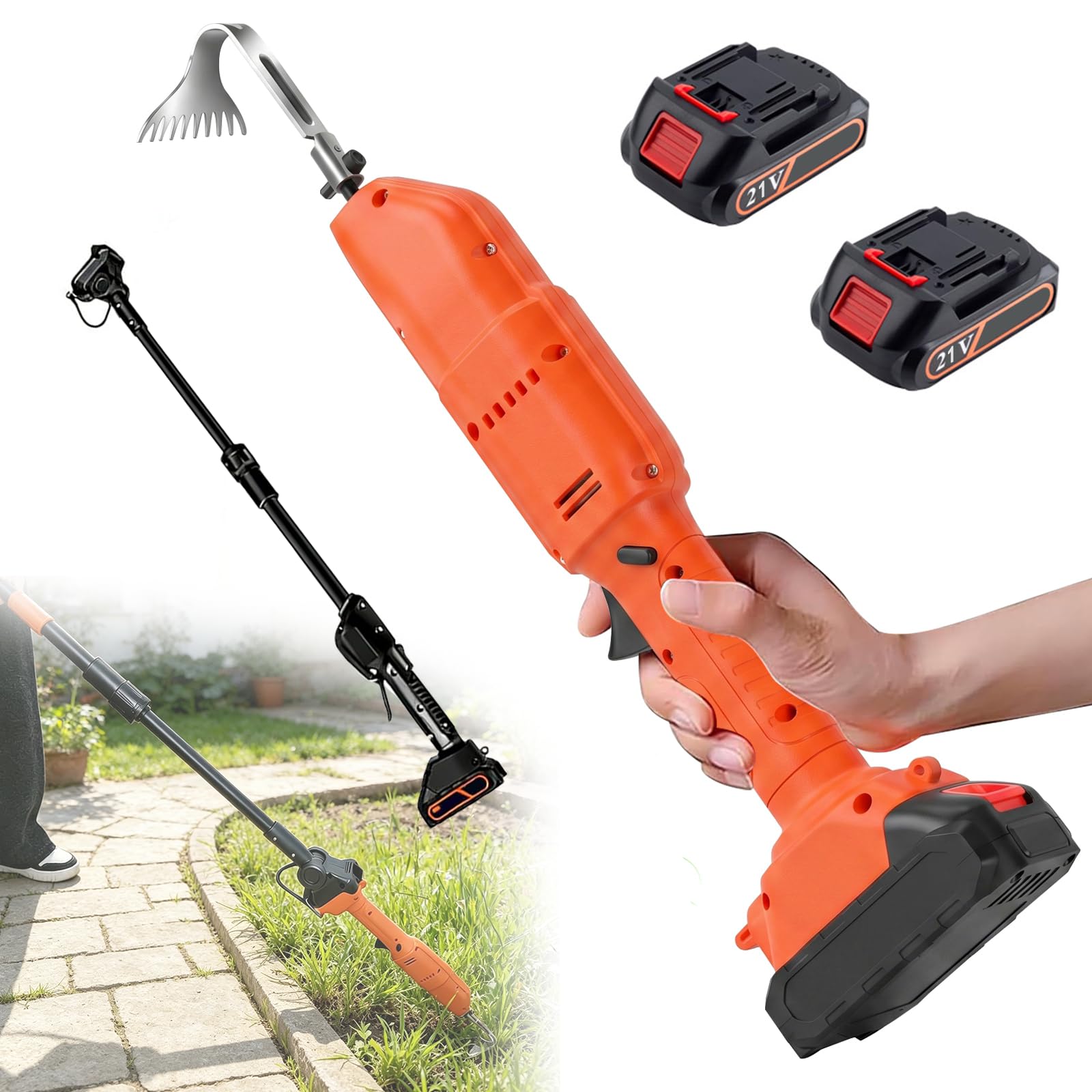 Désherbeur électrique sans Fil, Mini-houe et Perche télescopique avec Rallonge de 56,7cm, Alimenté par Batterie 21 V, 2500RPM, Bineuse Manuelle pour Jardin,Champ de légumes,Serre (2 Batteries)