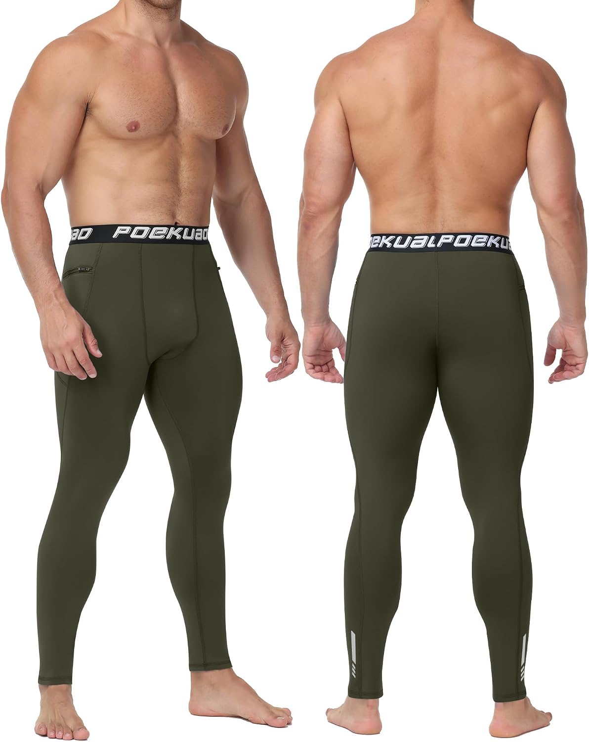 2 Pack Men's Thermal Compression Pants Quick Dry Fleece Lined Workout Leggings Cold Weather Athletic Running Tights Base Layer with Pockets Black/Green XL