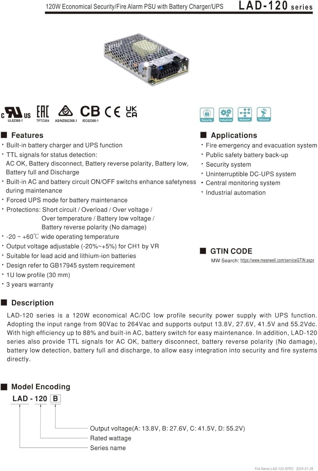 LAD-120 120W LAD-120A/120B/120C/120D Power Supply with Battery Charger/UPS(LAD-120B)