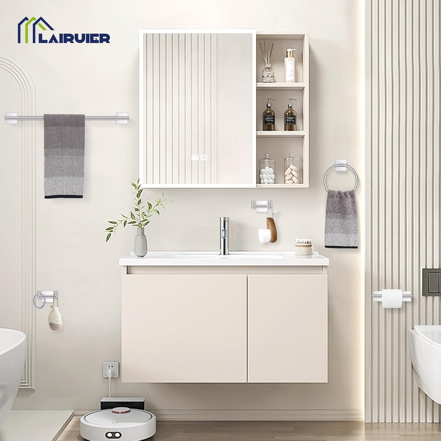 Polished Chrome Bathroom Hardware Set, 5-Piece Bath Towel Bar Set with 23.6” Towel Bar, Towel Ring, Toilet Paper Holder, Two Hooks, SUS304 Towel Racks for Bathroom Wall Mounted