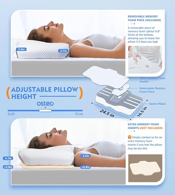 Osteo Cervical Pillow for Neck Pain Relief, Hollow Design Odorless Memory Foam Pillows with Cooling Case, Adjustable Orthopedic Bed Pillow for Sleeping, Support for Side Back Sleepers by Osteo - Used condition - Image 4