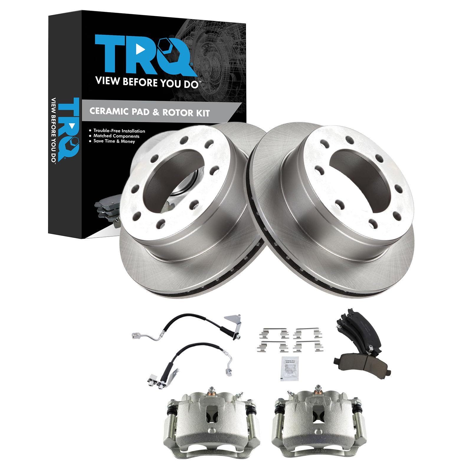 TRQ Rear Brake Pad &amp; Rotor Kit Ceramic Compatible with 2008-2016 Chevrolet Express 2500 2004-2016 Express 3500 GMC Savana 2500 Savana 3500