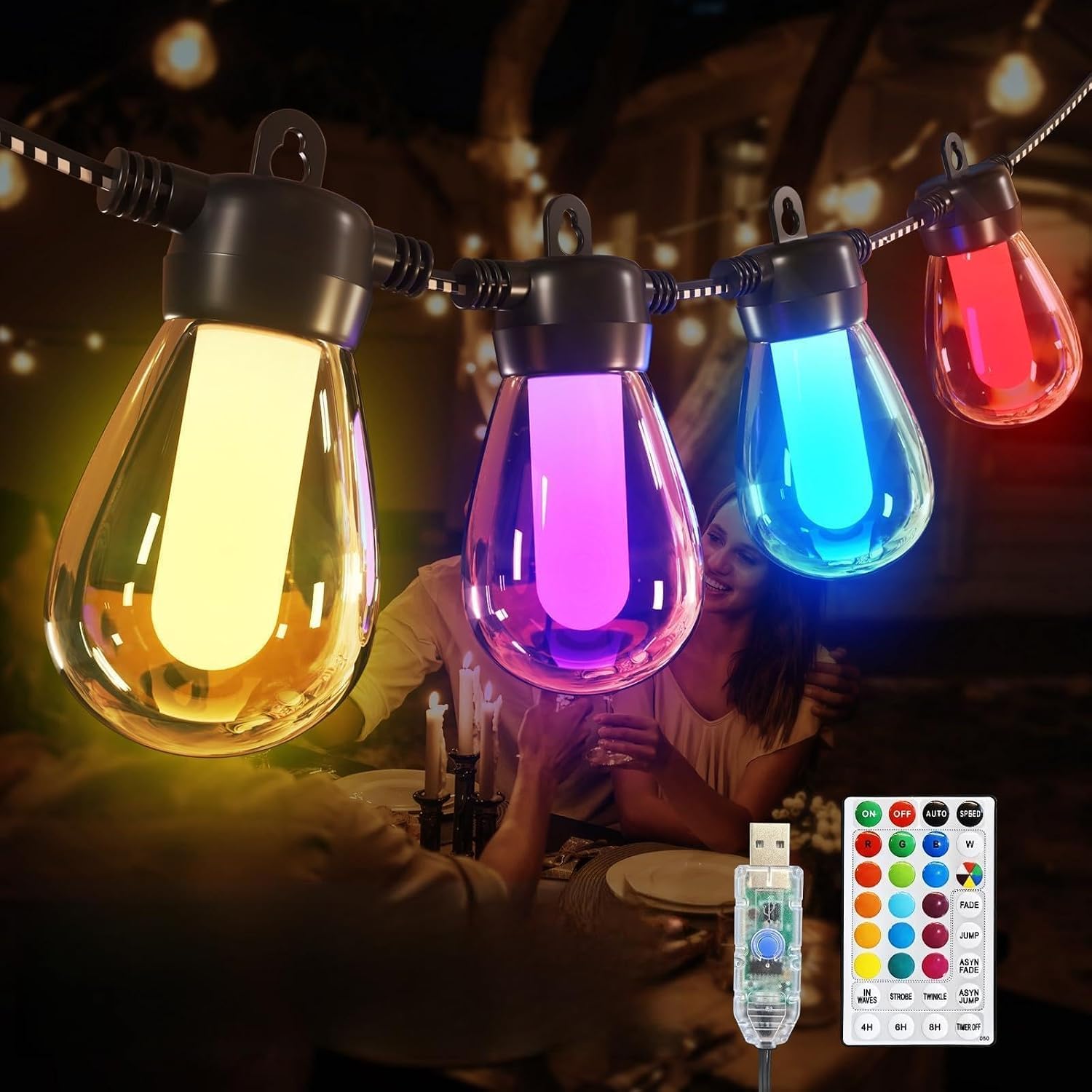 Ciskotu Cadena de luces para exteriores, multicolor, para exteriores, 15 m, G40, iluminación LED, para balcón, exterior, IP65, cadena de luces con mando a distancia