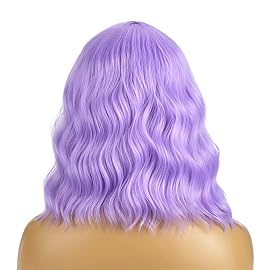 BERON 14 Inches Purple Wig Short Curly Wig Women Synthetic Wigs Lavender Purple Wigs with Bangs Hairnet Included