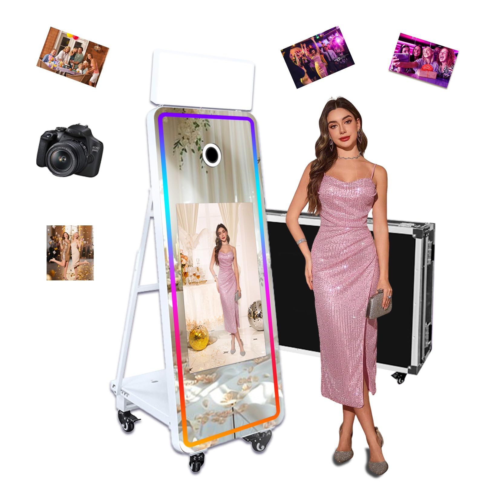 63'' Mirror Photo Booth with Camera,32'' Interactive Touch Screen with Square Light and RGB Light,Magic Mirror Photo Booth for Events(White, Machine+Camera)