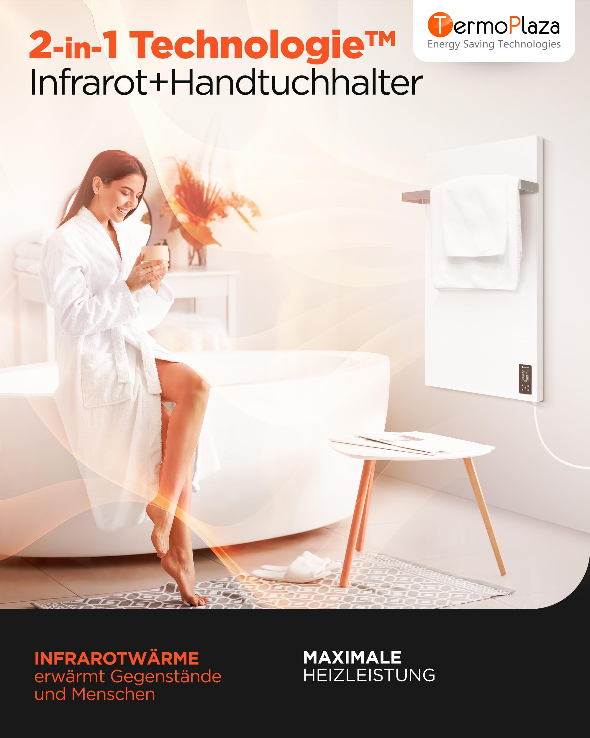 TermoPlaza WLAN Infrarot Heizstrahler 270 W bis 7 m² | Intelligente Infrarot Wandheizung Elektrisch | Badheizkörper mit Handtuchhalter & Thermostat | Energiesparende Elektroheizung für Badezimmer