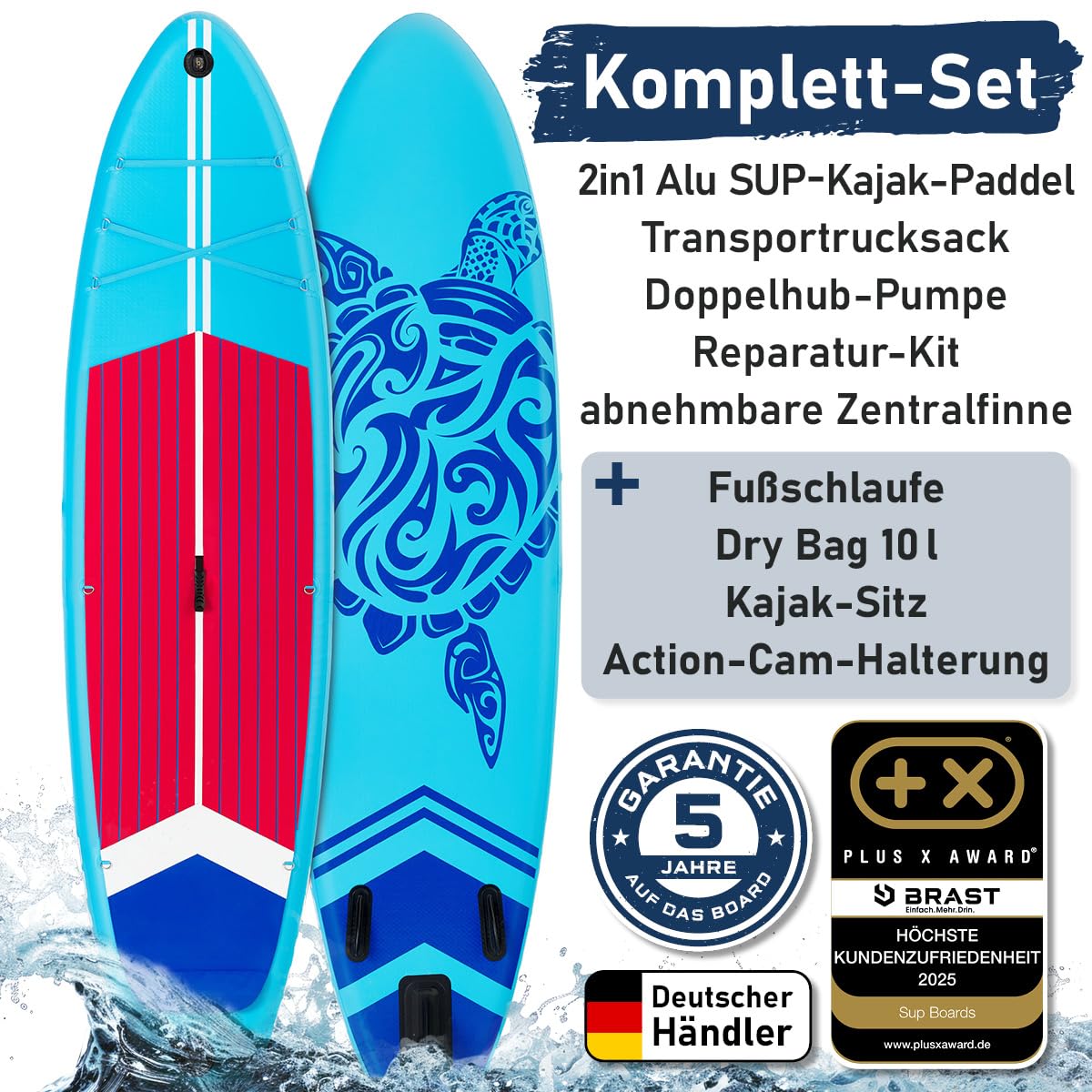 BRAST SUP Board Turtle | Aufblasbares Stand up Paddle Set | 320x81x15cm | 4 Designs | 5 Jahre Garantie | inkl. Sonderzubehör