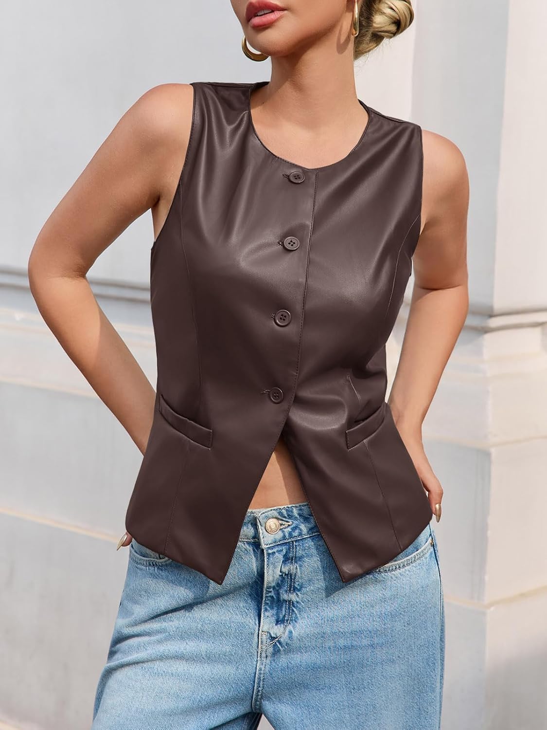 Tankaneo Womens Faux Leather Vest Tops Business Casual Button Down PU Suit Blazer Sleeveless Fitted Waistcoat - Image 3