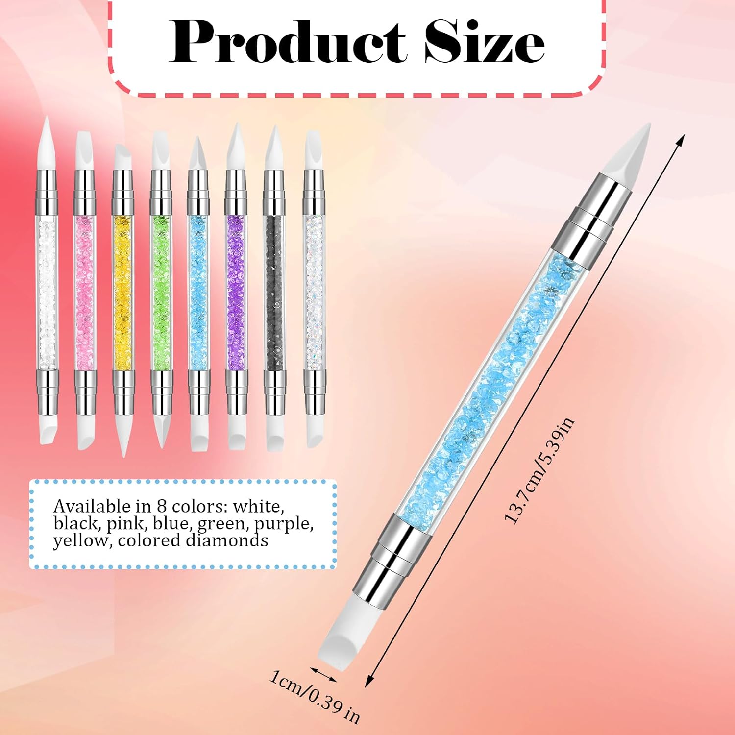 Oruola 8pcs Silicone Nail Art Tool,Silicone Chrome Applicator for Nails,Dual Tipped Nail Art Tool s with Colored Diamond Handle,Silicones Nails Brush for Design Foil Carving Drawing Effect Shaping