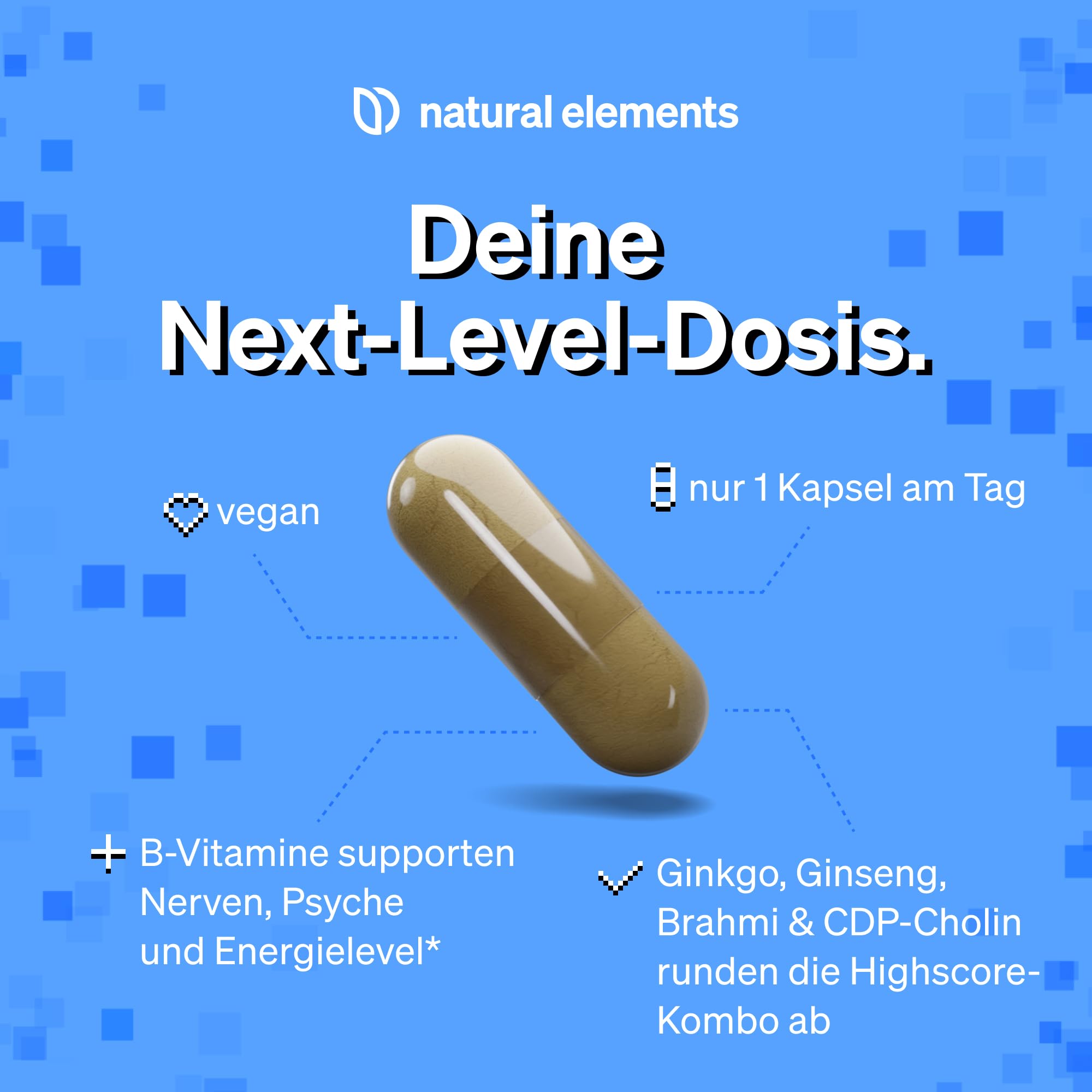 natural elements Focus Mode Konzentrations Kapseln – 90 Stück – koffeinfrei, mit Brahmi, Ginseng & Gingko – vegan, ohne unnötige Zusätze – in Deutschland produziert & laborgeprüft