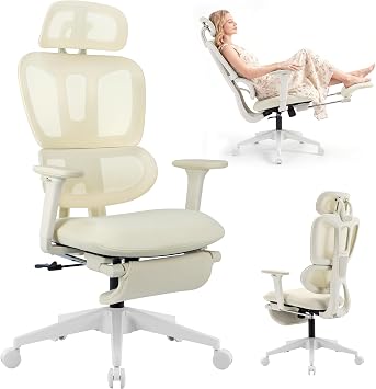 Ergonomic Office Chair with Footrest, 90-135 Reclining High Back Desk Chair with Lumbar Support, 2D Headrest, 2D Armrests, Computer Chair for Long Hours, Cream
