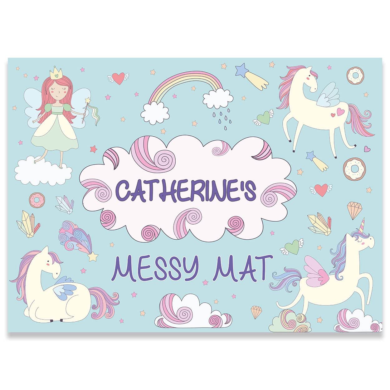 Paper Themes Girls Unicorn Dreams Personalised Messy Mat Plastic Table Cloth Wipe Clean Protect Your Table And Floor From Spills And Accidents ((M) 75 X 55 Cm, )