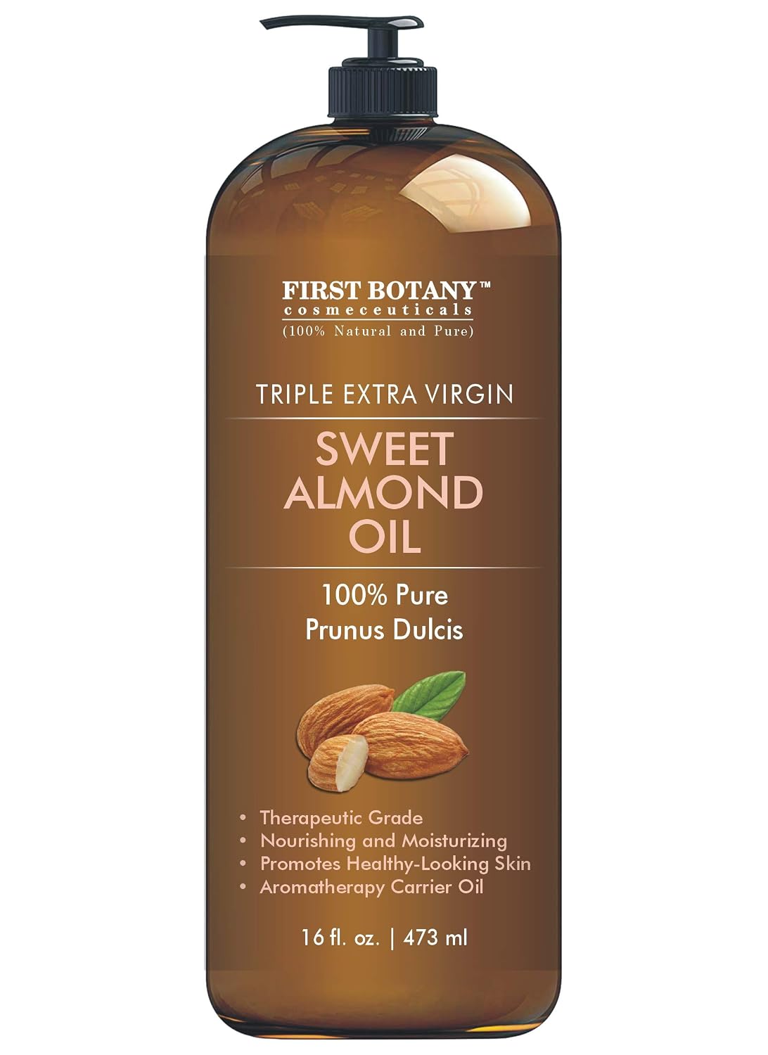 Cold Pressed Sweet Almond Oil - Triple AAA+ Grade Quality, For Hair, For Skin and For Face, 100% Pure and Natural with Pump dispenser, 16 fl oz