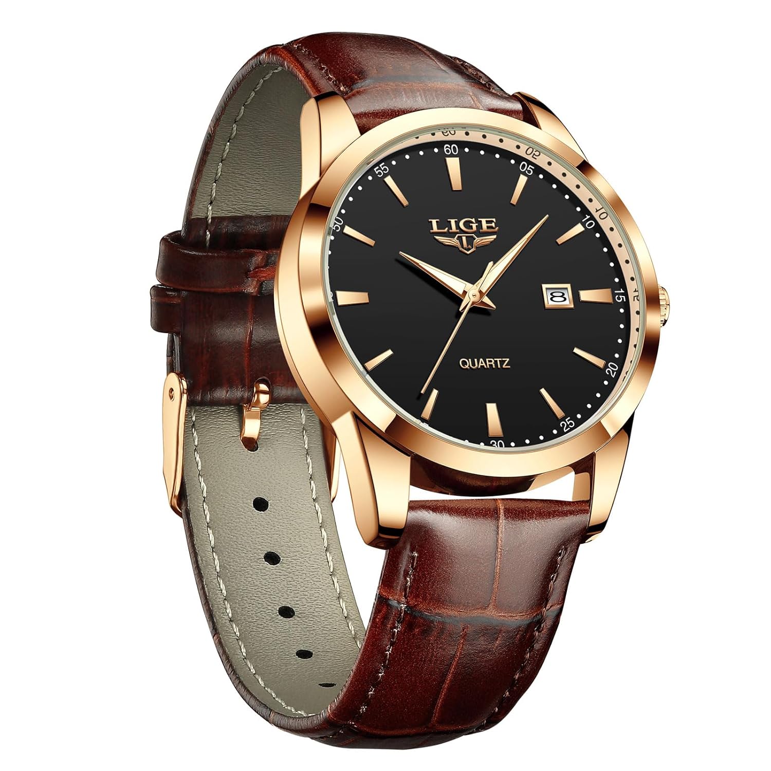 LIGE LG89143A Quartz Wristwatch with a black dial and brown leather strap on a wrist.