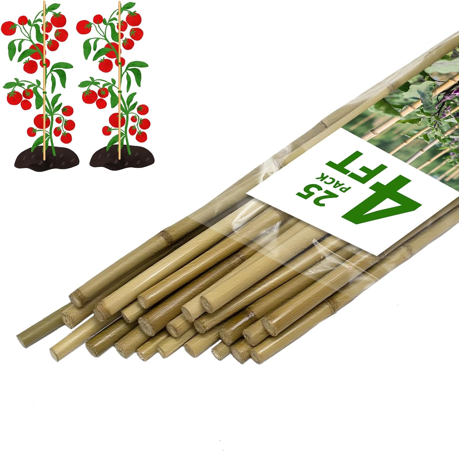 Plant Stakes, 25 Pack 4FT Natural Garden Bamboo Sticks, Plant Support Stakes for Indoor & Outdoor Plants, Orchid Tomato Vegetable Stakes for Garden