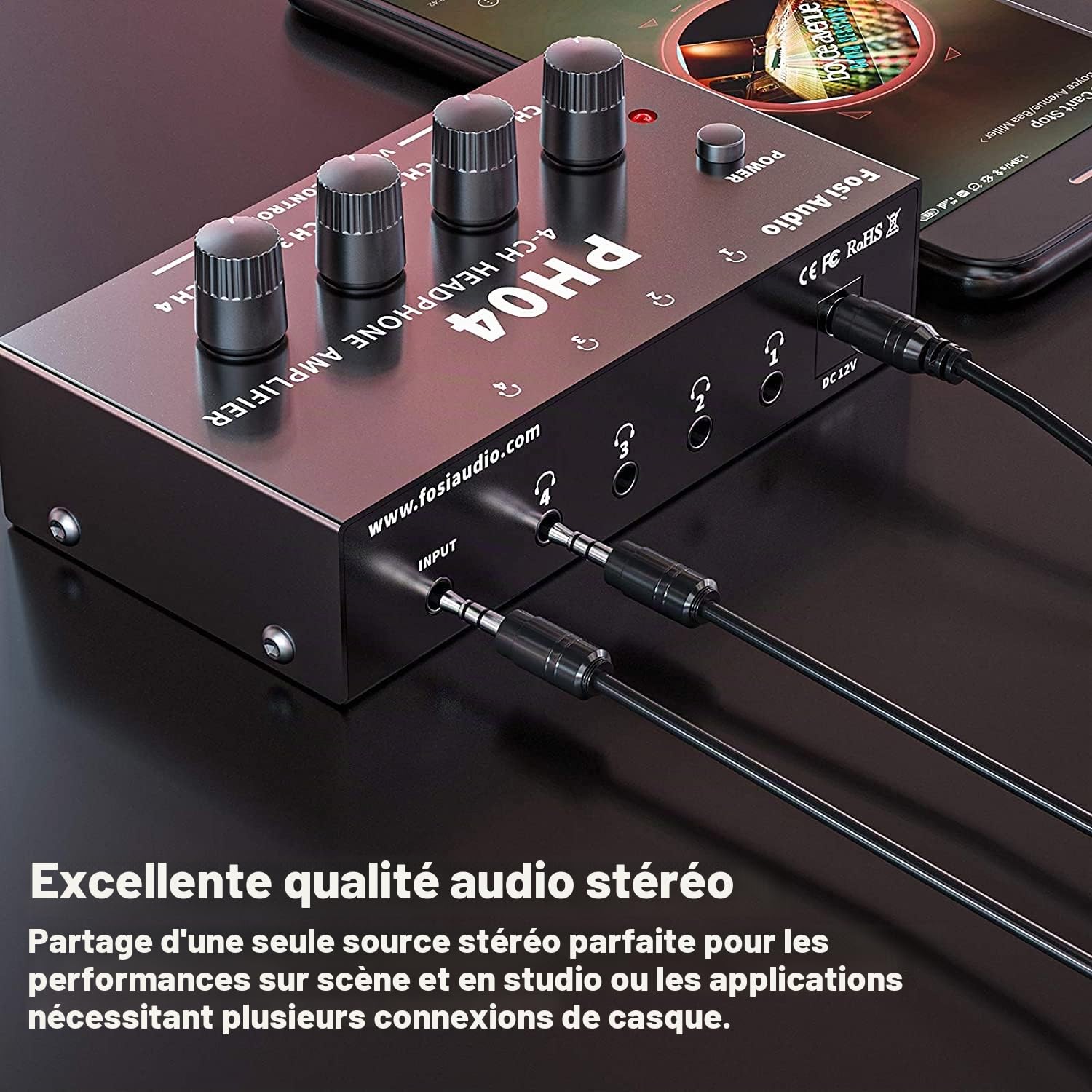 Fosi Audio PH04 Amplificateur de Casque stéréo 4 canaux avec Adaptateur d'alimentation 12 V 1,5 A Ultra-Compact pour Studio et scène