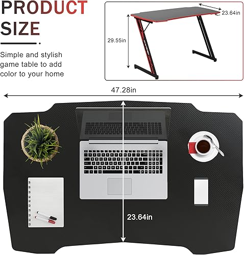 Miniatura 3 de YIQIEDEY Escritorio para juegos de 47 pulgadas en forma de Z, superficie de fibra de carbono, mesa simple para juegos, escritorio de oficina en