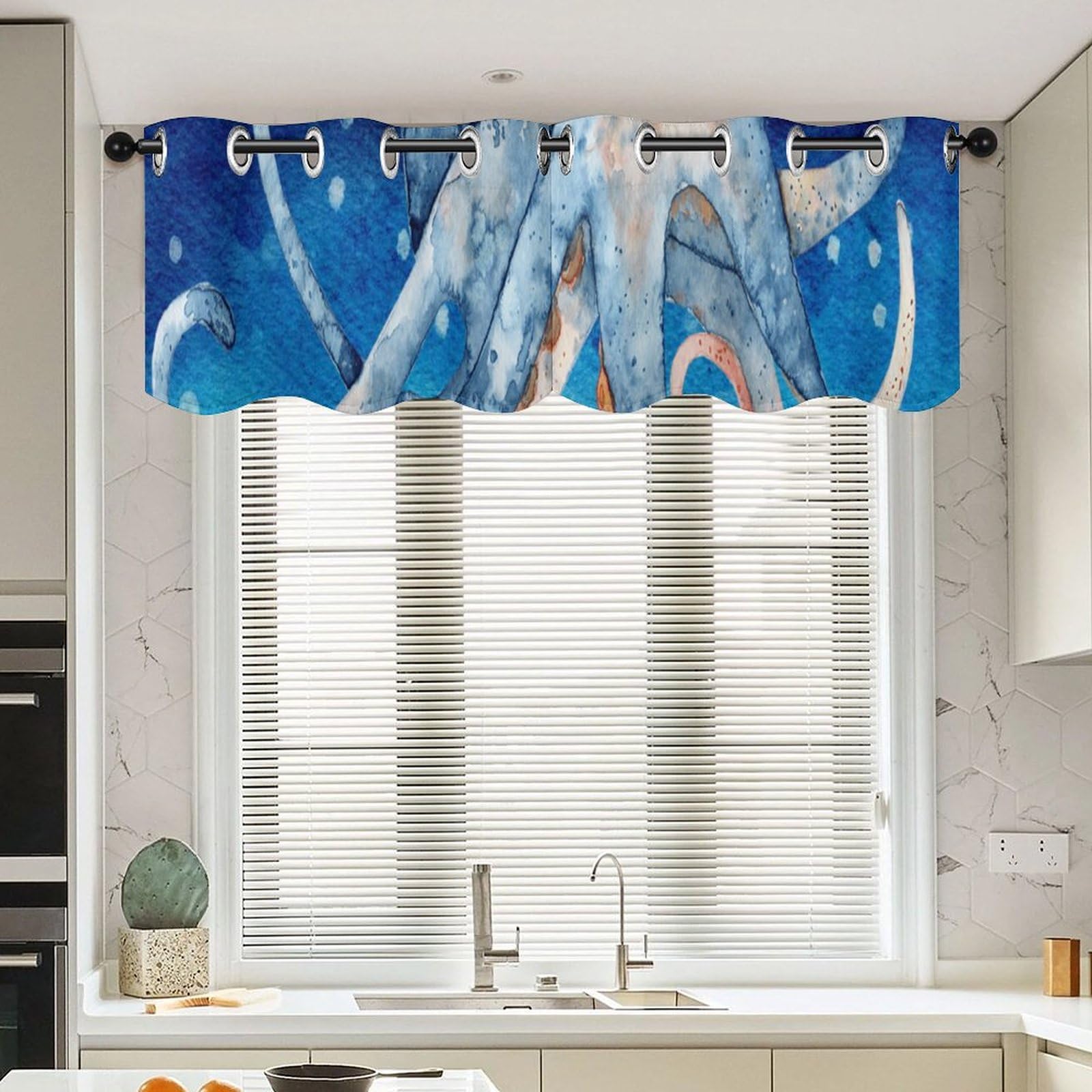 Cantonnière pieuvre et bouée style nautique x2 pour salon - 132x45,7 cm