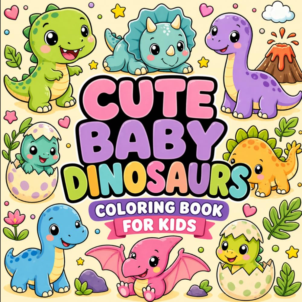 Cute Baby Dinosaurs Coloring Book for Kids: Adorable Little Dinos in Big, Easy, Fun Prehistoric Scenes for Toddlers and Preschool Kids