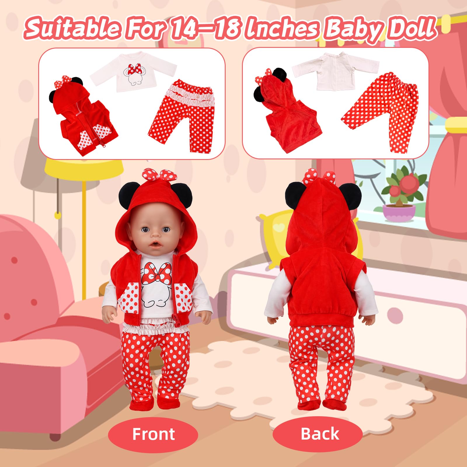 Poppenkleding compatibel met 35-43 cm New Born babypoppen, roze haas babykleding met blouse vest broek sokken, poppenaccessoires voor pasgeborenen poppen meisjes verjaardag